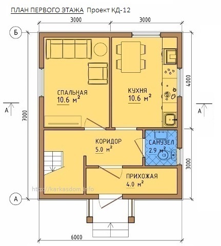 План каркасного дома 6х7м 84м/кв, Первый этаж.