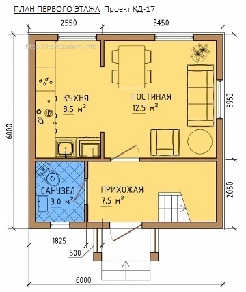 План каркасного дома 6х6м 72м/кв, Первый этаж.