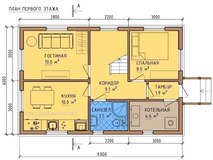 План каркасного дома 6х9м 108м/кв, стандартный вариант.