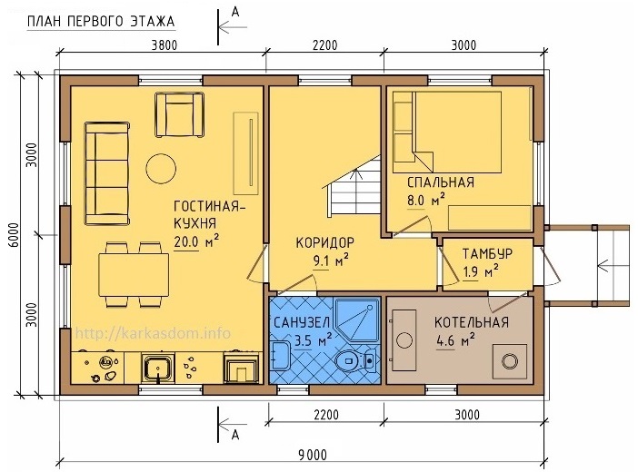 План первого этажа каркасного дома 6х9м 108м/кв Кухня/гостиная