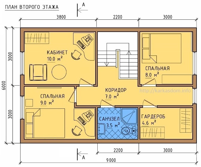 План второго этажа каркасного дома 6х9м 108м/кв