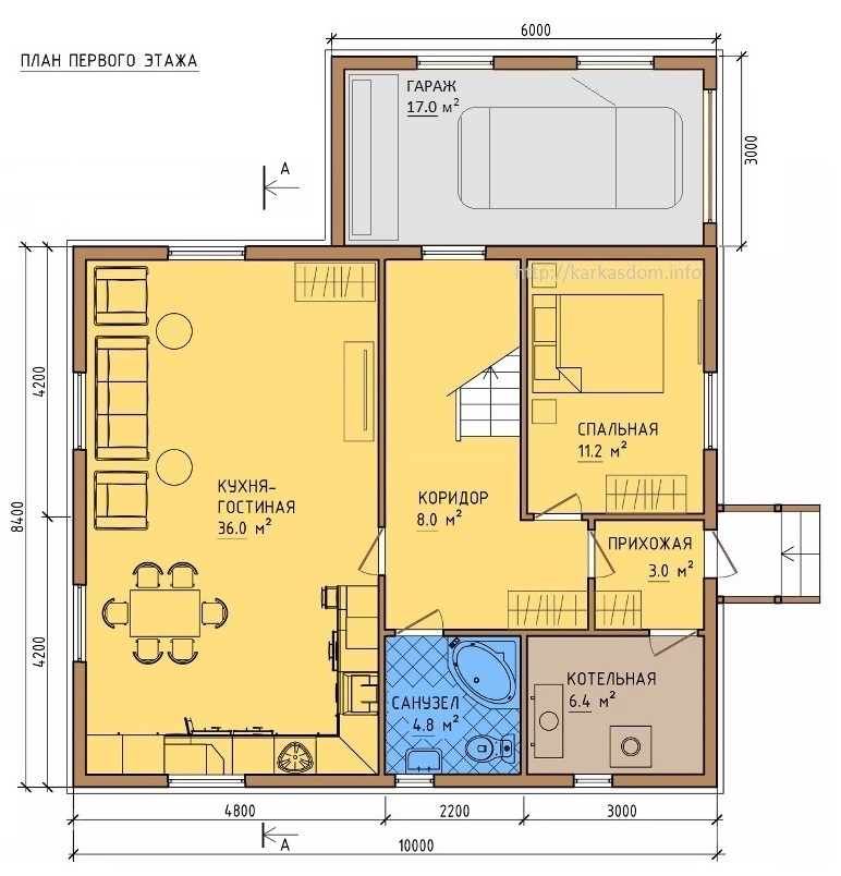 План первого этажа каркасного дома 8,5х10м 168м/кв Кухня/гостиная