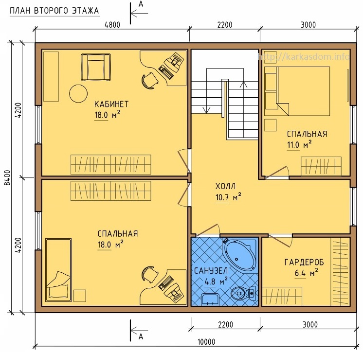 План второго этажа каркасного дома 8,4х10м 168м/кв