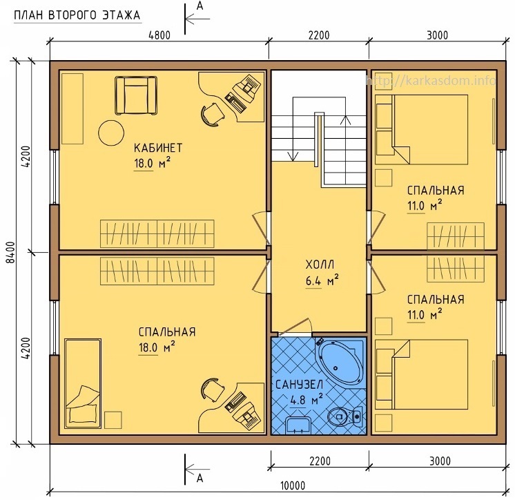 План второго этажа каркасного дома 8,4х10м 168м/кв 4 Комнаты