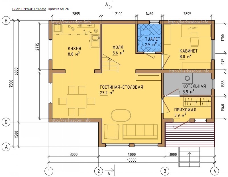 План 1 этаж каркасного дома 6х10 137м/кв