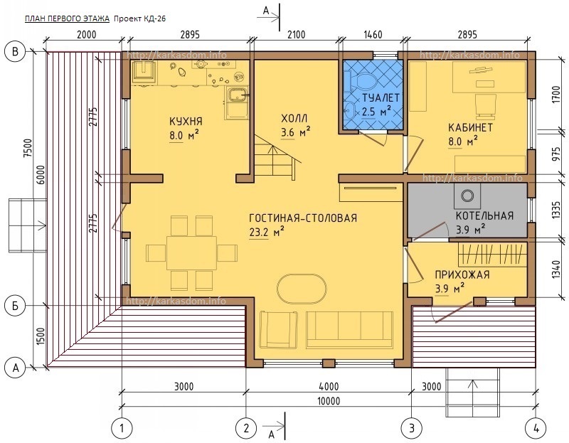 План 1 этаж каркасного дома 6х10 137м/кв, с террасой