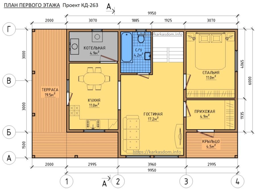 План 1 этаж каркасного дома 6х10 132м/кв, с террасой