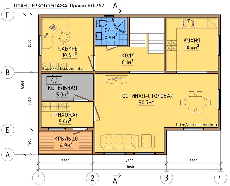 План 1 этаж каркасного дома 7х10 140м/кв