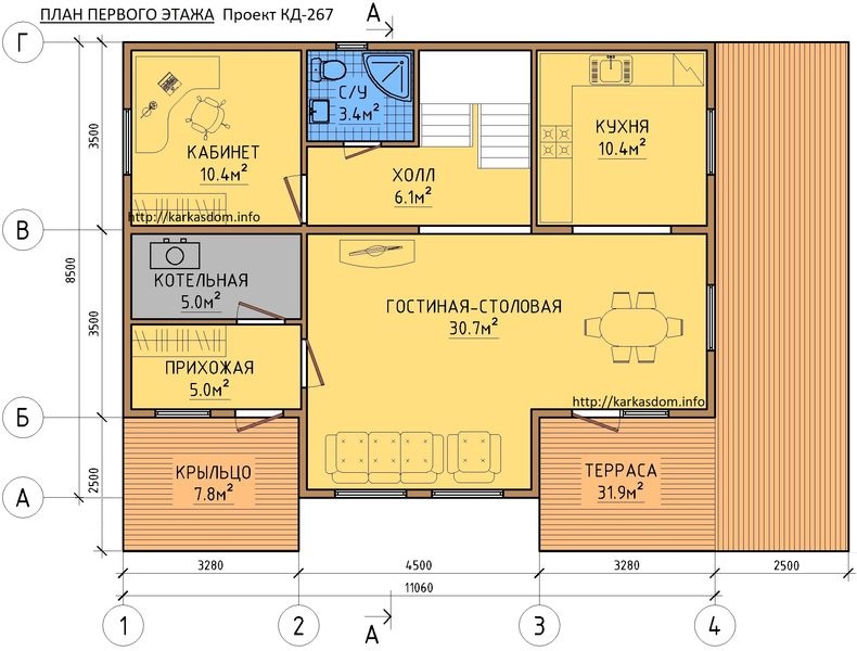 План 1 этаж каркасного дома 7х11, с террасой
