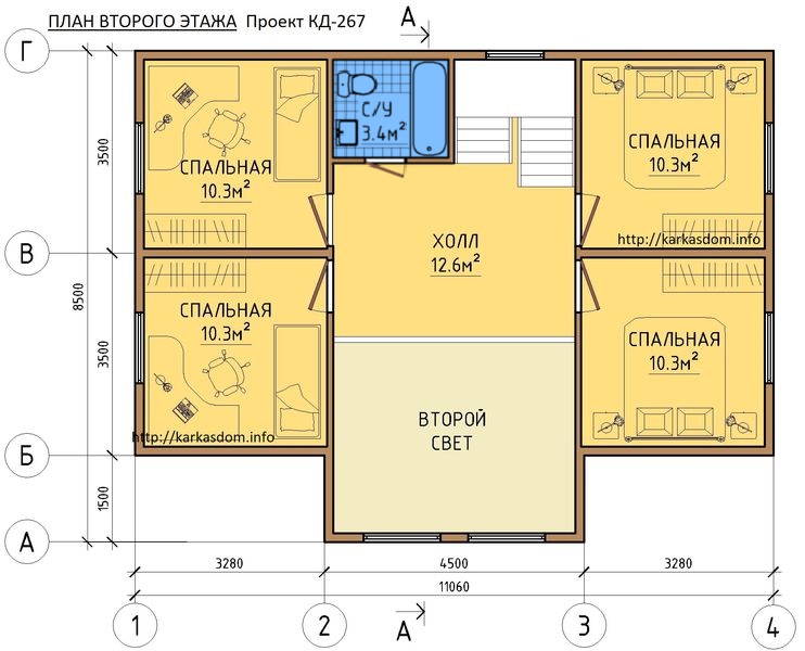 План второго этажа, 4 спальни, каркасного дома 7х11