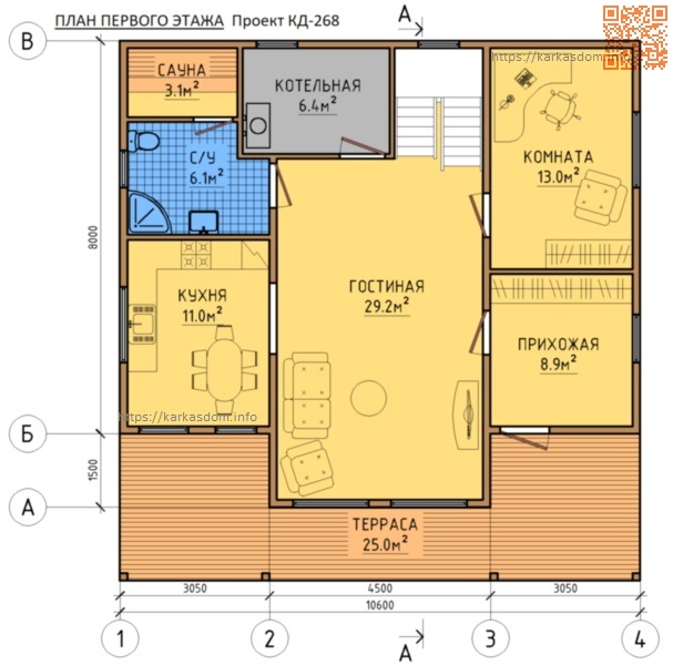 План 1 этаж каркасного дома 8х10,6 183м/кв