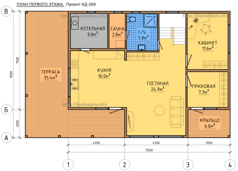 План 1 этаж каркасного дома 7х11,5 179м2