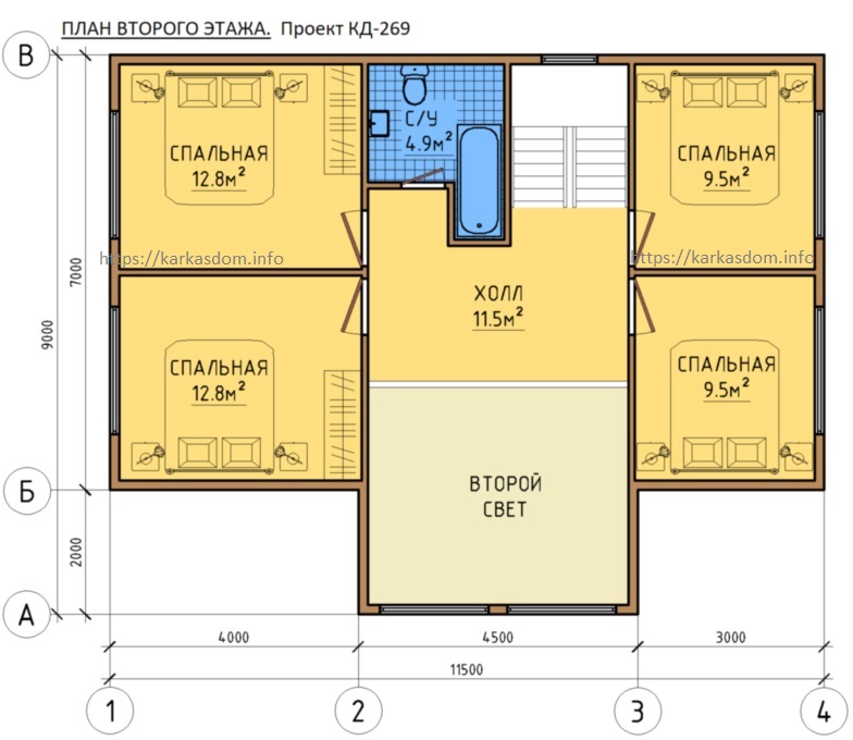 План второго этажа, каркасного дома 7х11,5 179м2