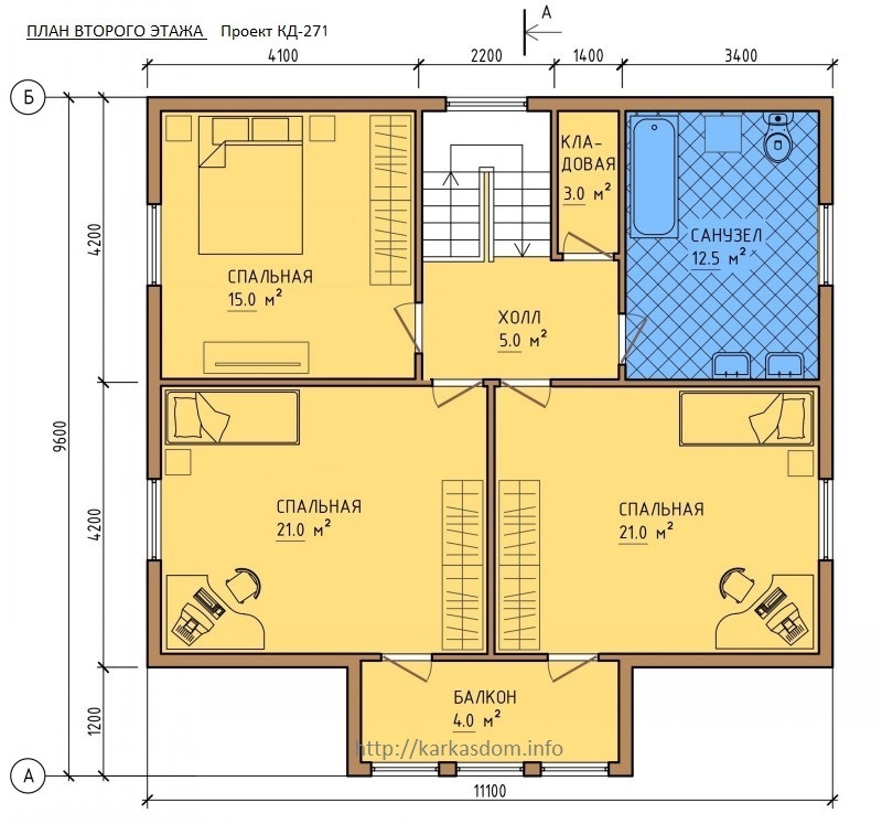 План второго этажа, 3 спальни, каркасного дома 8,4х11 195м/кв