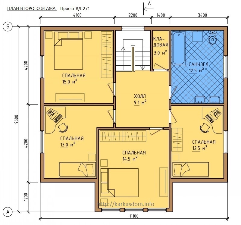 План второго этажа, 4 спальни, каркасного дома 8,4х11 195м/кв