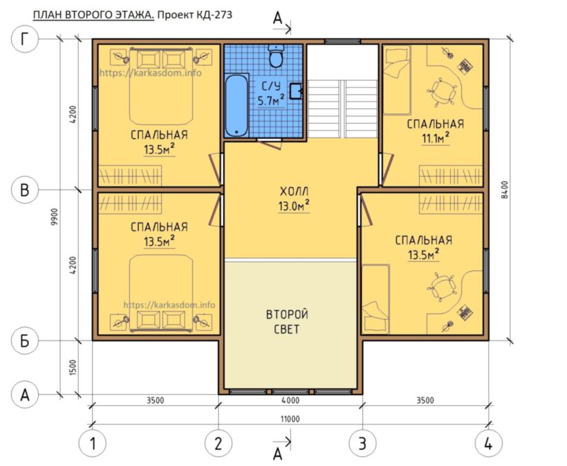 План второго этажа, 4 спальни, каркасного дома 8,4х11 197м/кв
