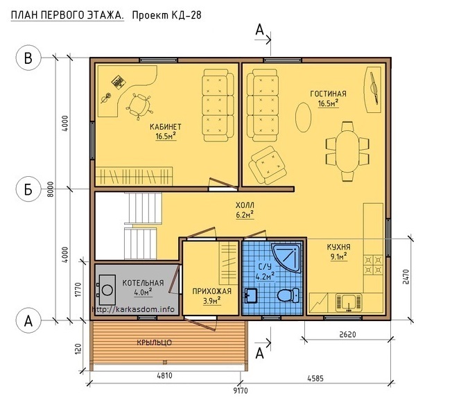 План 1 этаж каркасного дома 8х9