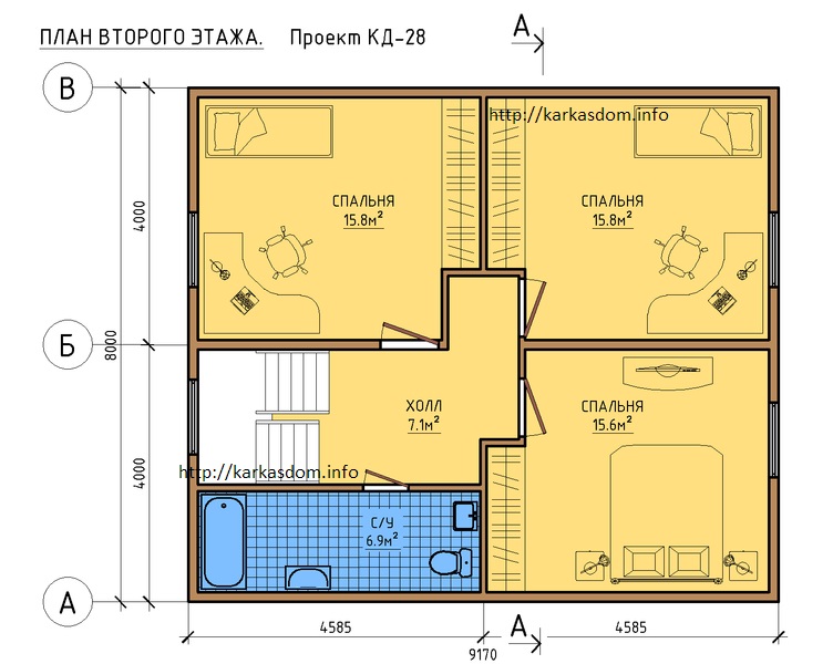 План второго этажа, каркасного дома 8х9