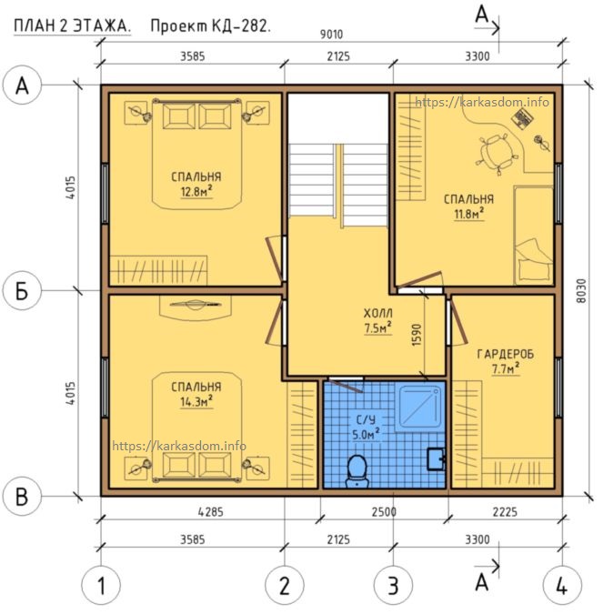 План второго этажа, каркасного дома 9х9
