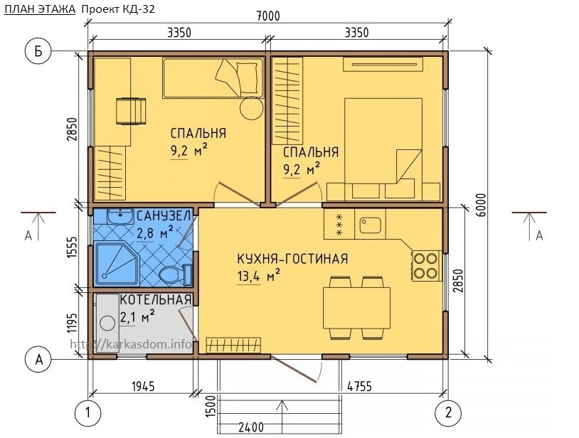 План каркасного дома 6х7м 42м/кв, стандартный вариант.