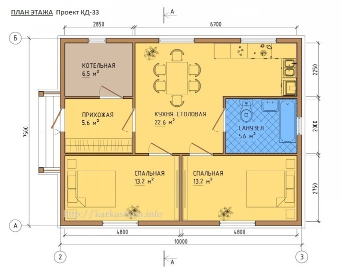 План каркасного дома 75м/кв в один этаж 7,5х10м, вариант с кательной