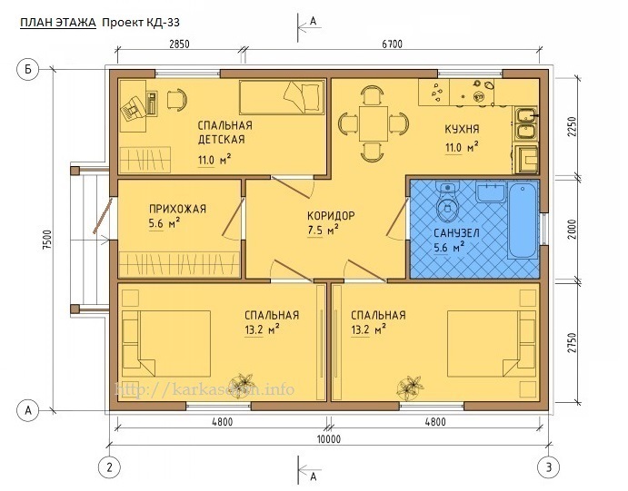 План каркасного дома 75м/кв в один этаж 7,5х10м, вариант 3 комнаты