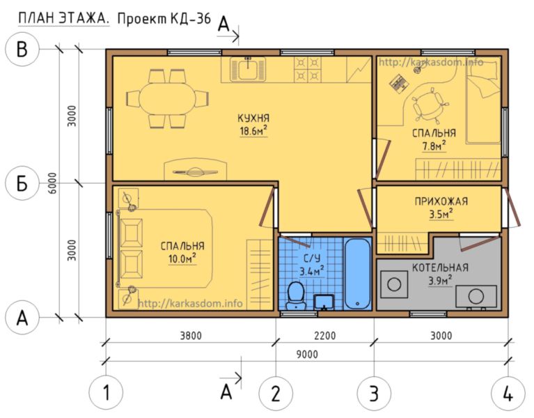 План каркасного дома 6х9 54м/кв, стандартный вариант.