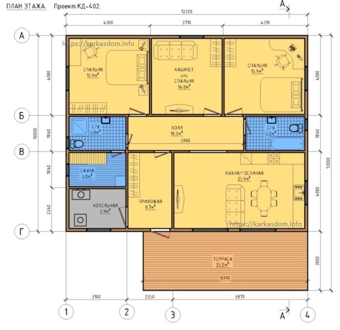План каркасного дома 10х12м 123м/кв, стандартный вариант.