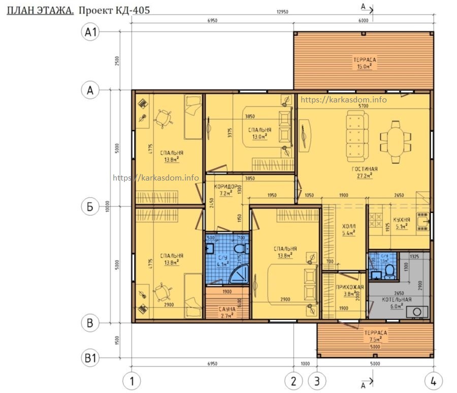 План каркасного дома 10х13м 130м/кв, стандартный вариант.