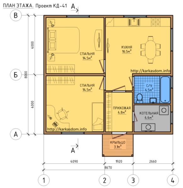 План каркасного дома 8х8,7м 69м/кв, Зеркальный вариант.