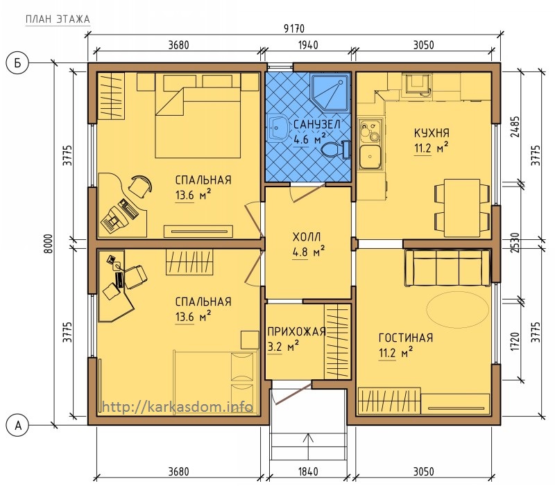План каркасного дома 8х9,2м 73м/кв, стандартный вариант.