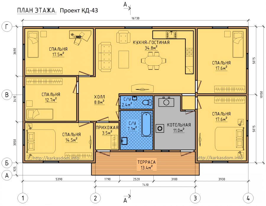 План каркасного дома 10х16,7м 162м/кв, стандартный вариант.