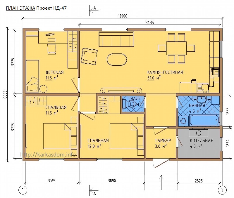 План каркасного дома 9х12м 96м/кв, Стандартный вариант.