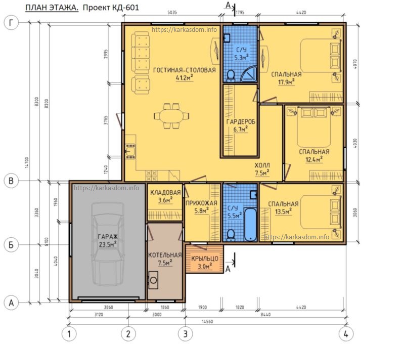 План каркасного дома 11,8х14,7м 165м/кв в один этаж с гаражом