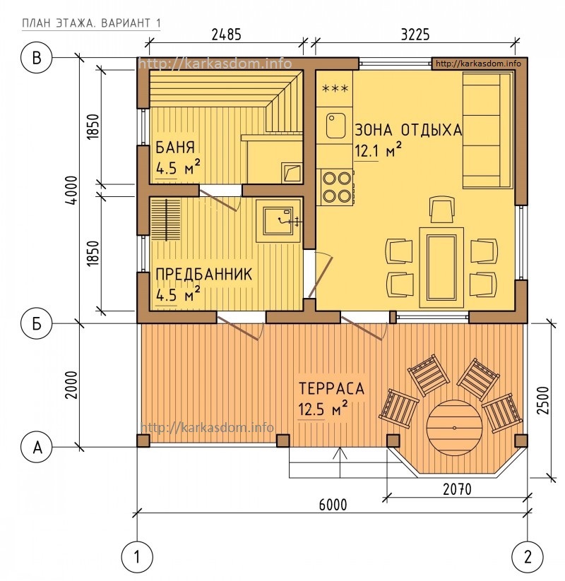 План каркасного дома 6х6м 36м/кв в один этаж, вариант баня.