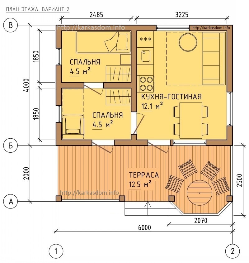 План каркасного дома 6х6м 36м/кв в один этаж 6х6м 36м/кв, вариант дом.
