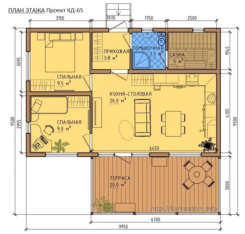 План каркасного дома 65м/кв в один этаж 6,5х10м, стандартный вариант.