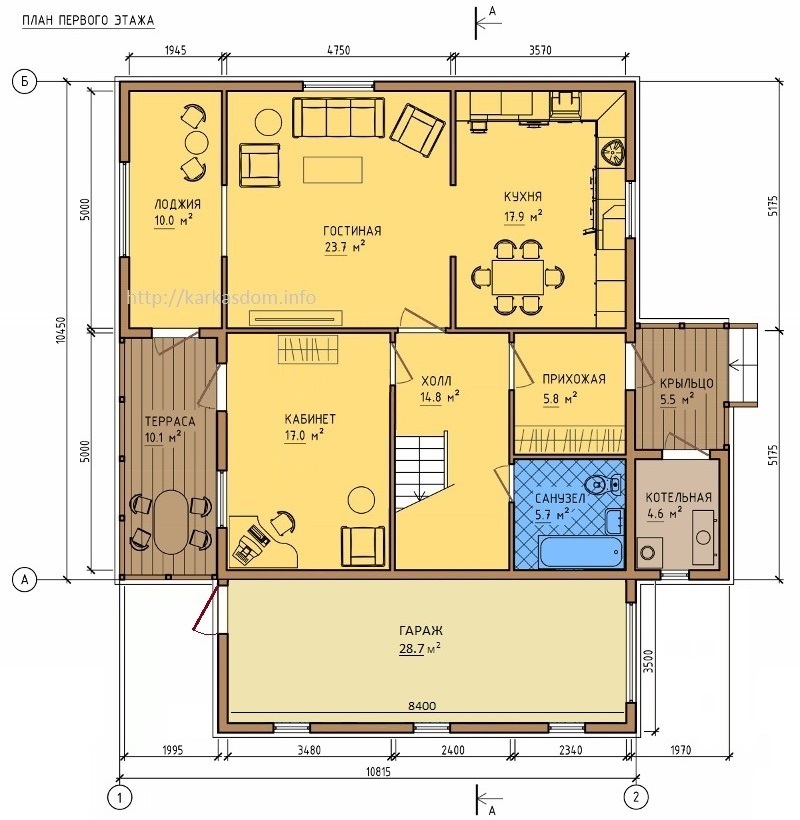 План первого этажа каркасного дома 10,5х13м 192м/кв