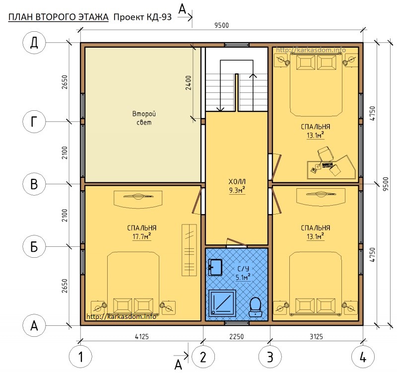 План второго этажа, 3 спальни, каркасного дома 9,5х9,5 180м/кв