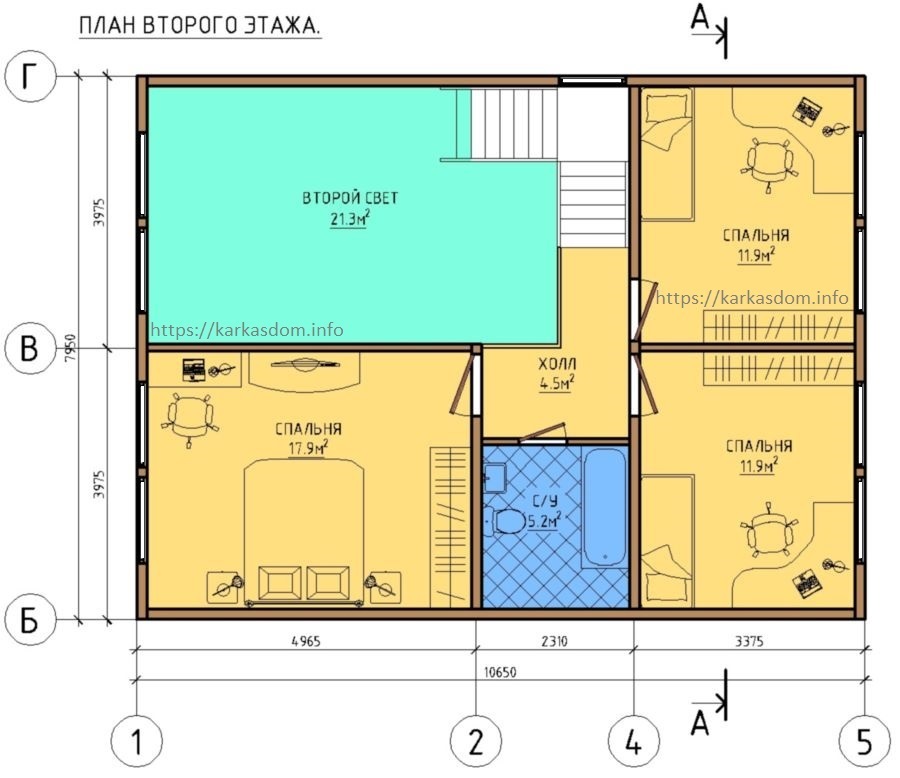 План второго этажа, 3 спальни, каркасного дома 10х10,6 180м2
